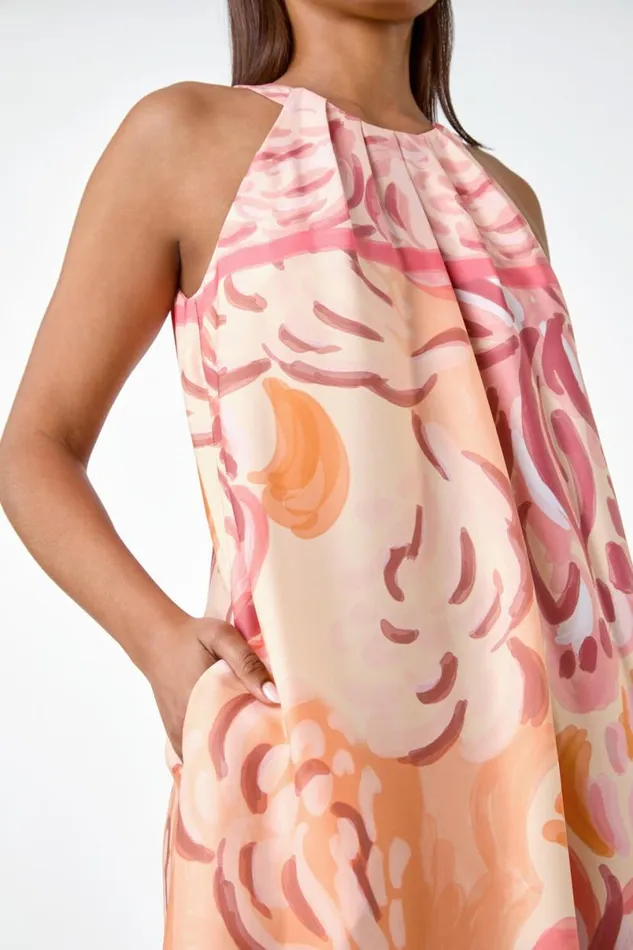 Peach Abstract Print Pocket Trapeze Dress Women Roman Dresses