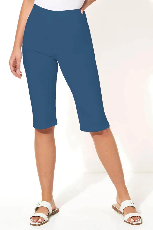 Petrol Blue Stretch Knee Length Elastic Waist Shorts Women Roman Trousers