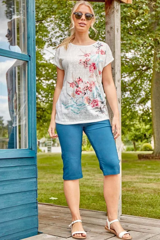 Petrol Blue Stretch Knee Length Elastic Waist Shorts Women Roman Trousers