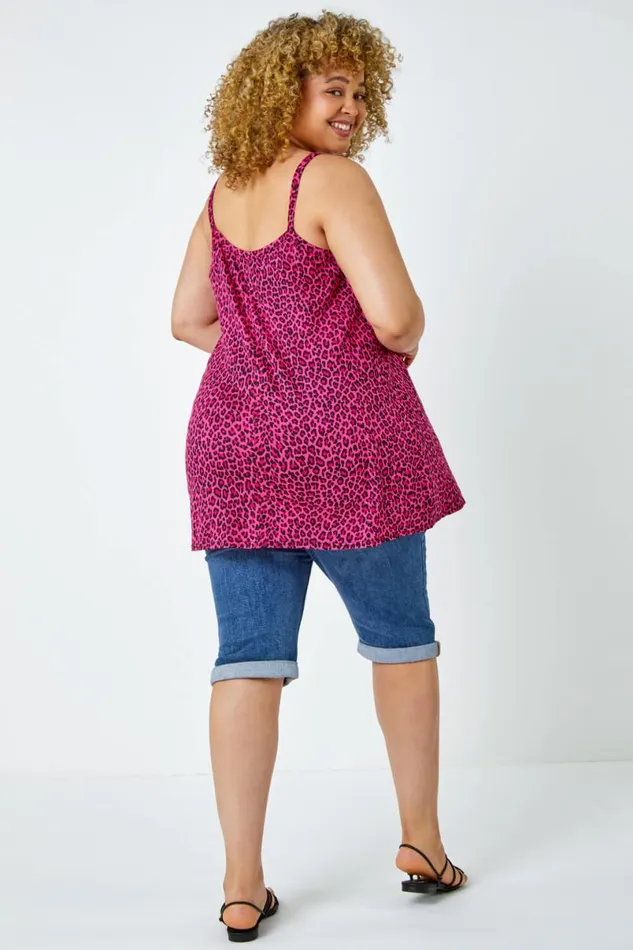 Pink Curve Animal Print Cross Strap VNeck Cami Women Roman Tops