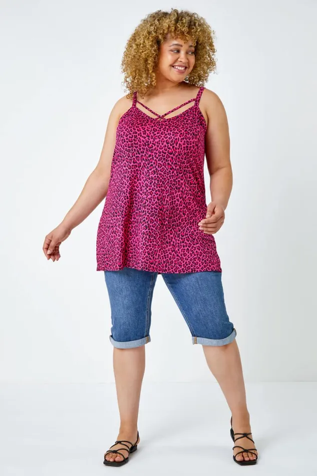 Pink Curve Animal Print Cross Strap VNeck Cami Women Roman Tops