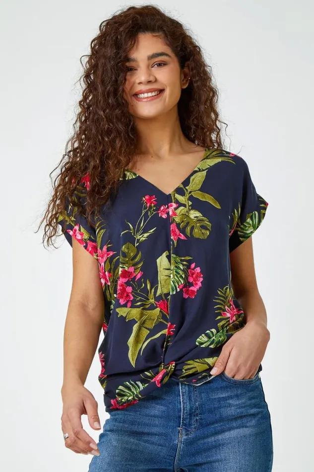Pink Floral Palm Print VNeck Twist Top Women Roman Tops