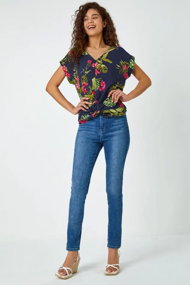 Pink Floral Palm Print VNeck Twist Top Women Roman Tops