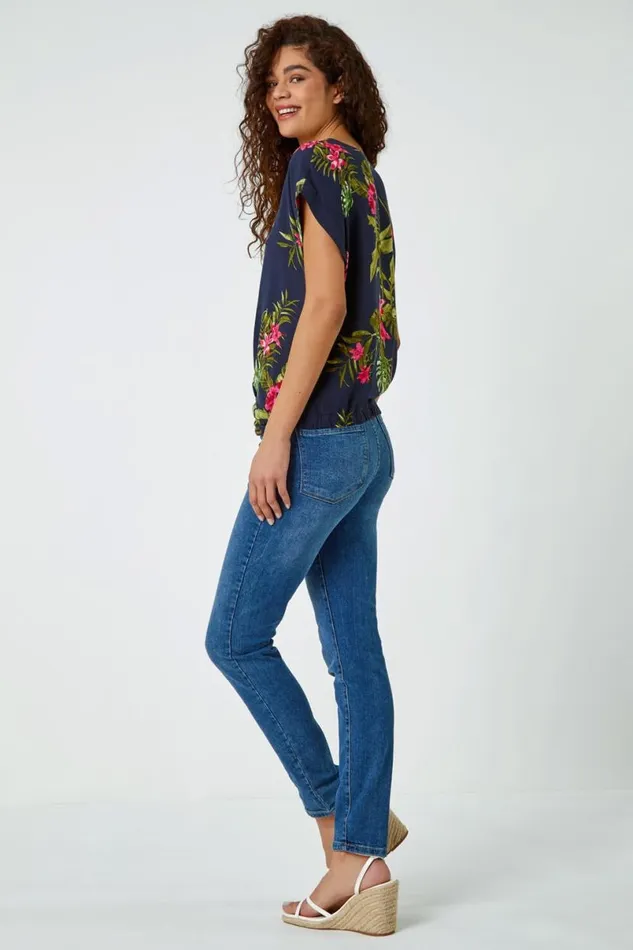 Pink Floral Palm Print VNeck Twist Top Women Roman Tops