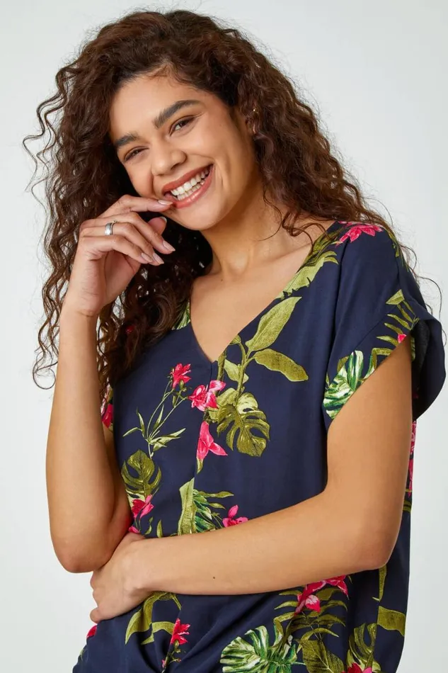 Pink Floral Palm Print VNeck Twist Top Women Roman Tops