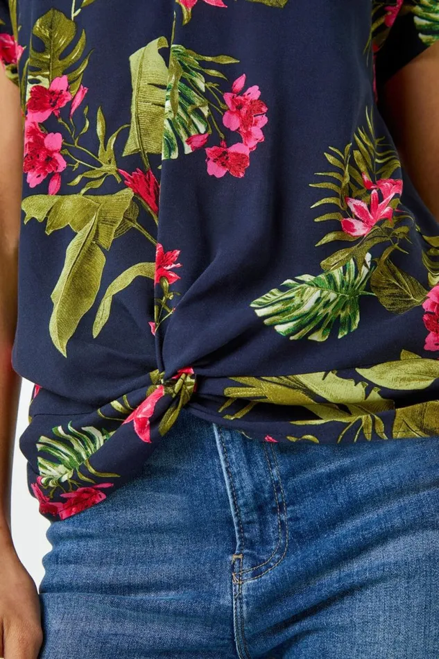 Pink Floral Palm Print VNeck Twist Top Women Roman Tops