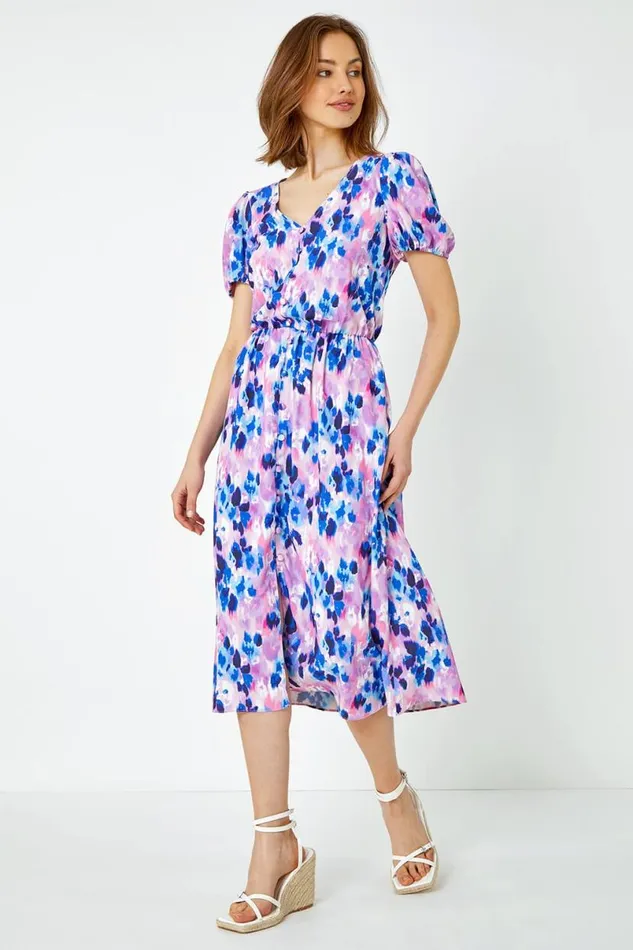 Pink Floral Print Button Detail Midi Dress Women Roman Dresses