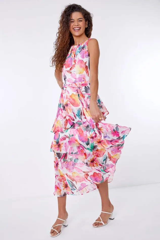 Pink Floral Print Chiffon Frill Midi Dress Women Roman Dresses