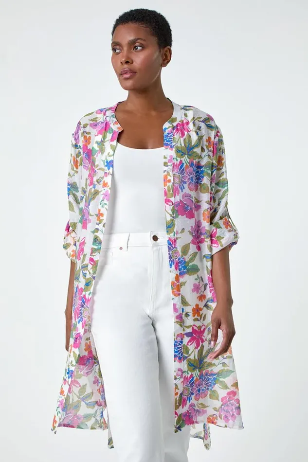 Pink Floral Print Longline Blouse Women Roman Tops