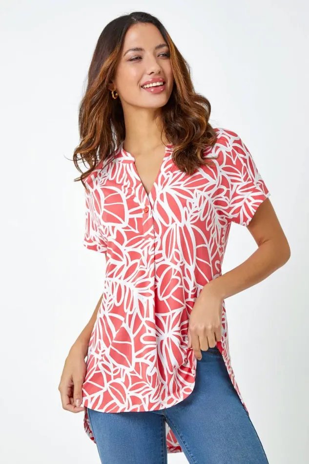 Pink Linear Floral Print VNeck Pleat Front Top Women Roman Tops