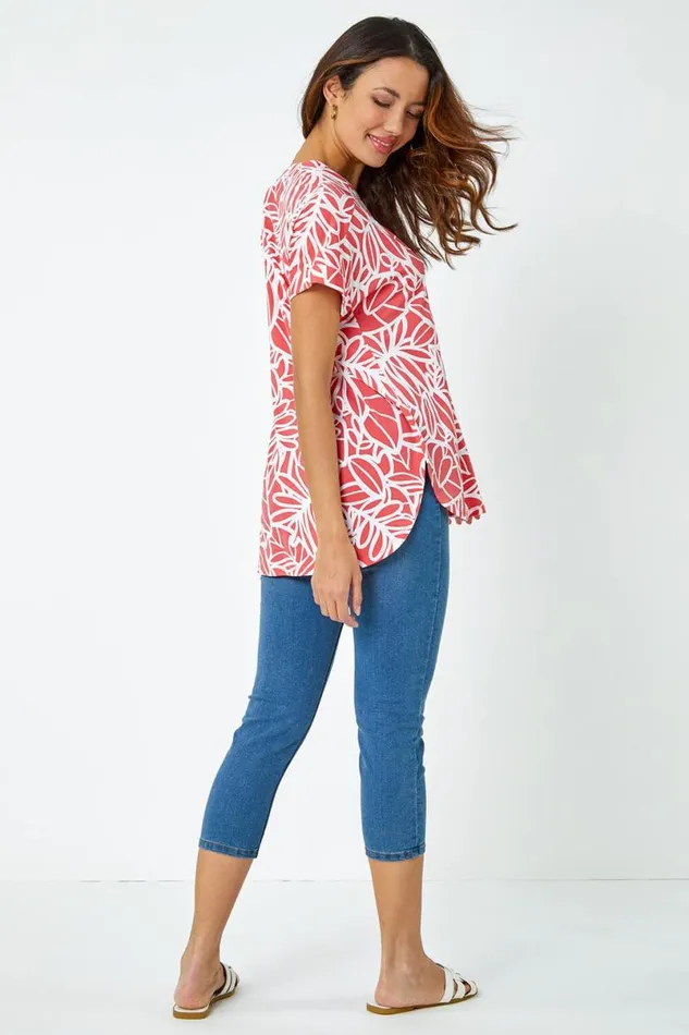 Pink Linear Floral Print VNeck Pleat Front Top Women Roman Tops