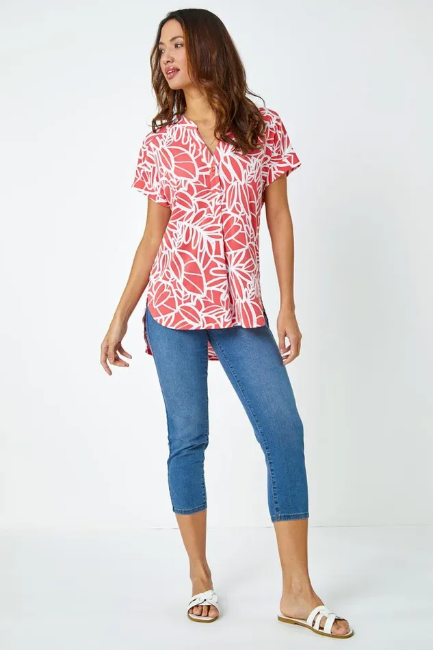 Pink Linear Floral Print VNeck Pleat Front Top Women Roman Tops