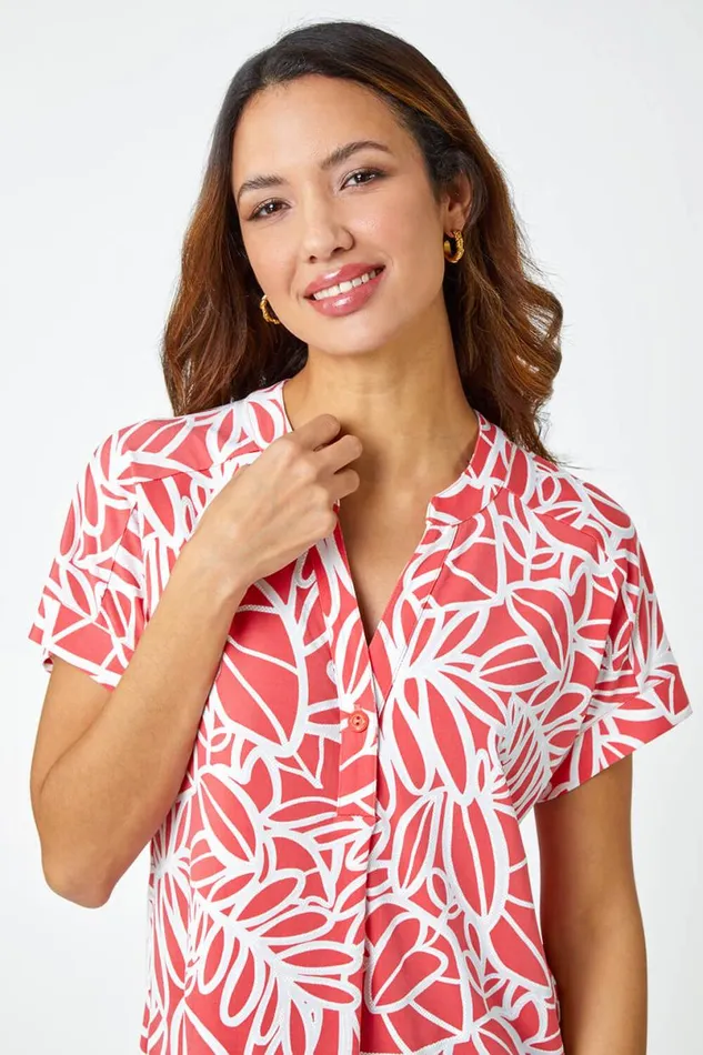 Pink Linear Floral Print VNeck Pleat Front Top Women Roman Tops