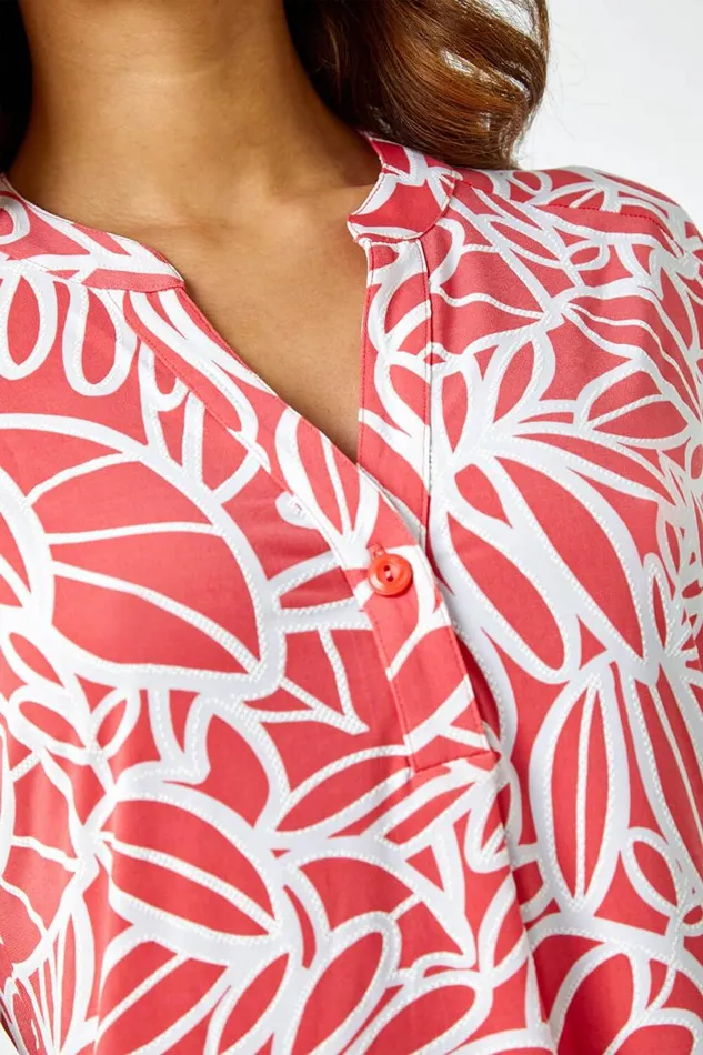 Pink Linear Floral Print VNeck Pleat Front Top Women Roman Tops