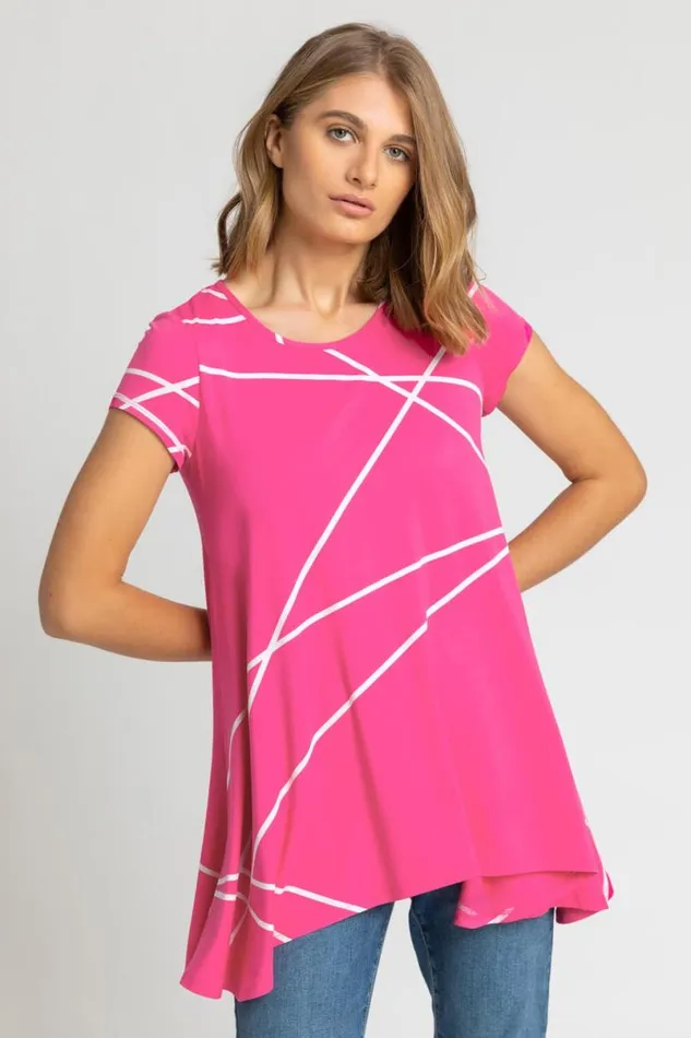 Pink Linear Print Hanky Hem Top Women Roman Tops
