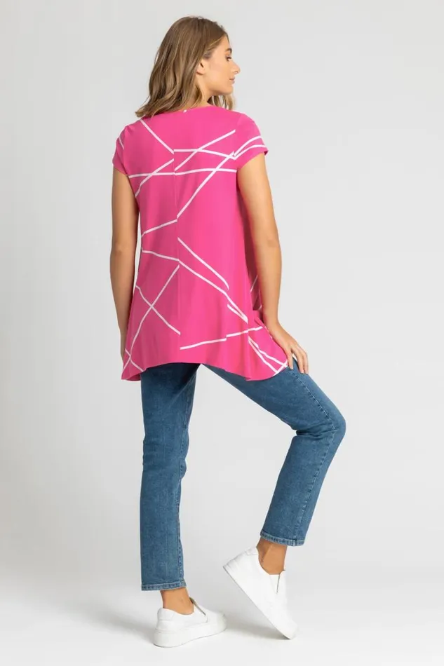Pink Linear Print Hanky Hem Top Women Roman Tops