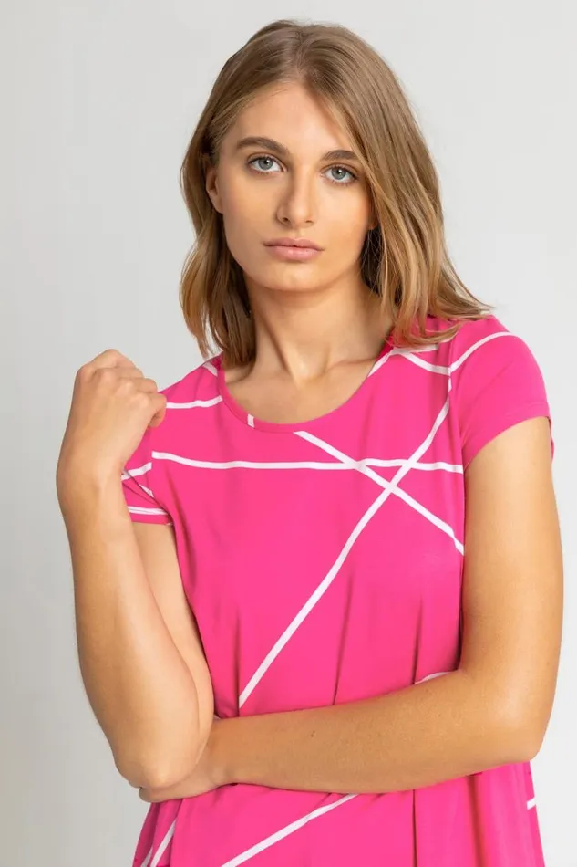 Pink Linear Print Hanky Hem Top Women Roman Tops