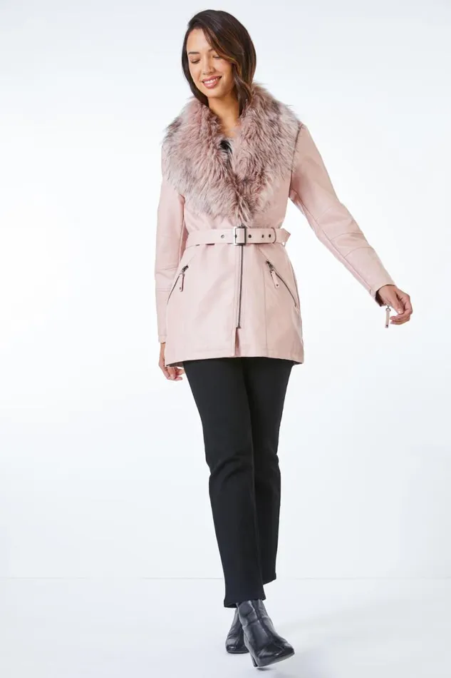 Pink Longline Faux Leather Belted Coat Women Roman Coats