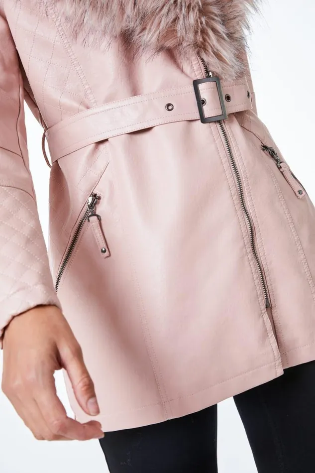 Pink Longline Faux Leather Belted Coat Women Roman Coats