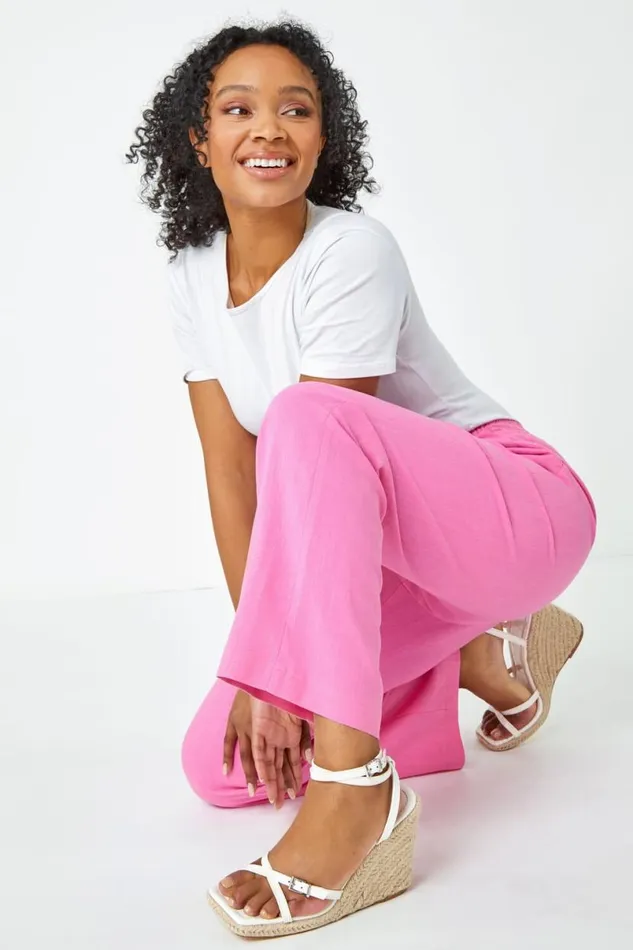 Pink Petite Wide Leg Linen Blend Trouser Women Roman Trousers