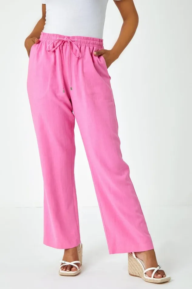 Pink Petite Wide Leg Linen Blend Trouser Women Roman Trousers