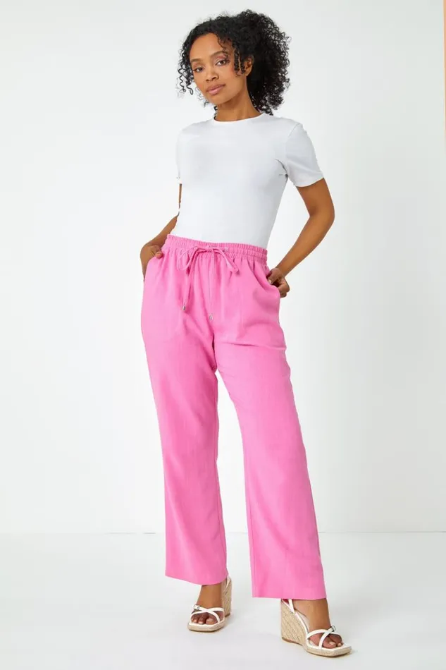 Pink Petite Wide Leg Linen Blend Trouser Women Roman Trousers