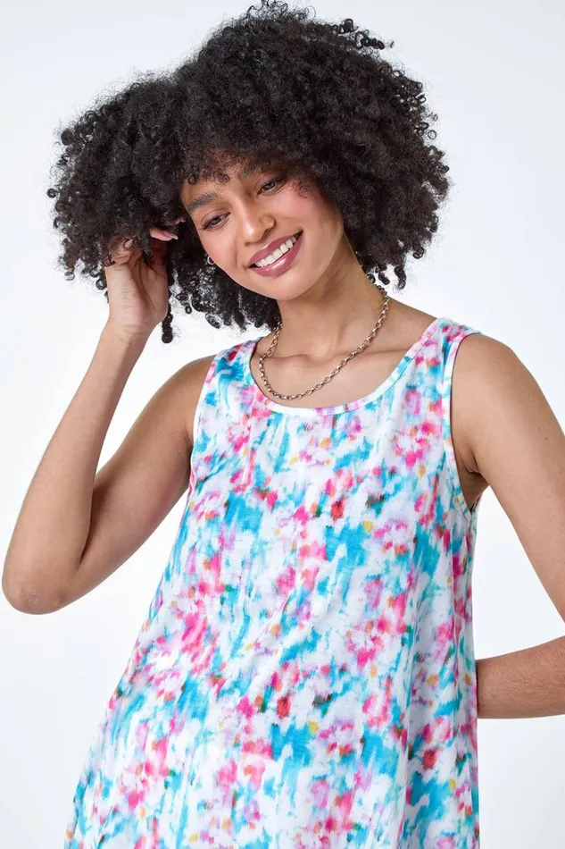 Pink Printed Hanky Hem VNeck Stretch Vest Top Women Roman Tops