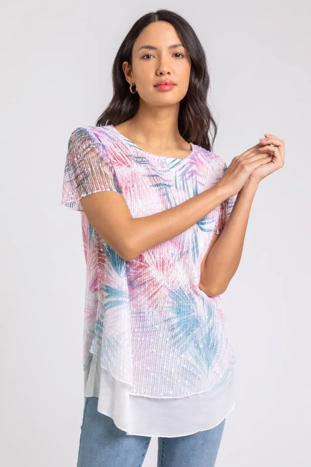 Pink Sequin Mesh Stretch Leaf Print Tunic Top Women Roman Tops