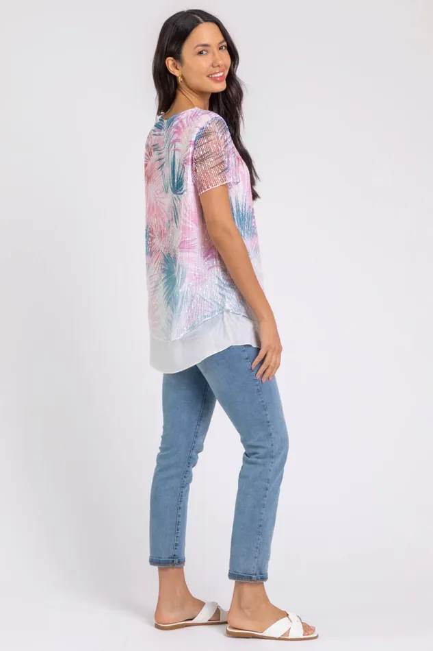 Pink Sequin Mesh Stretch Leaf Print Tunic Top Women Roman Tops