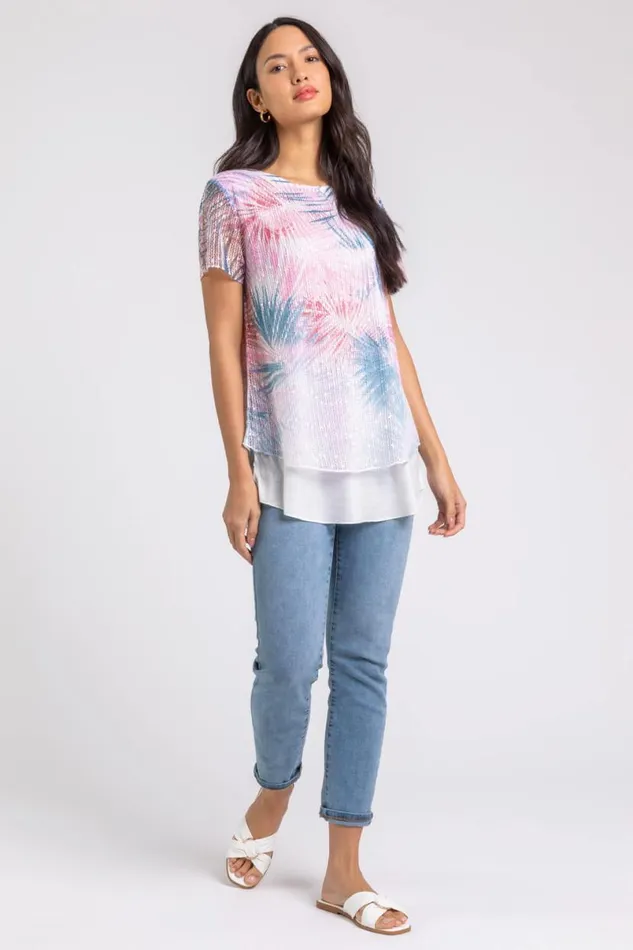 Pink Sequin Mesh Stretch Leaf Print Tunic Top Women Roman Tops
