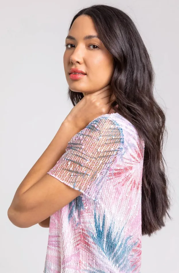 Pink Sequin Mesh Stretch Leaf Print Tunic Top Women Roman Tops