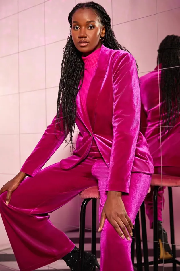 Pink Velvet Diamante Button Stretch Blazer Women Roman Jackets