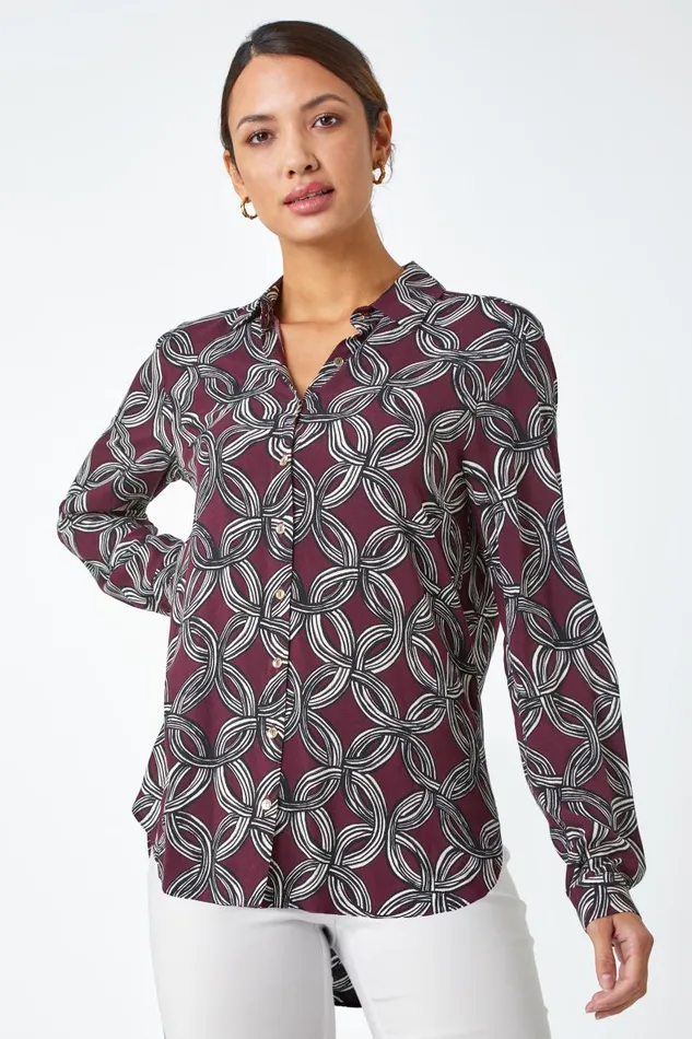 Plum Geometric Print Button Blouse Women Roman Tops