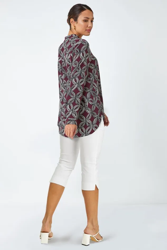 Plum Geometric Print Button Blouse Women Roman Tops