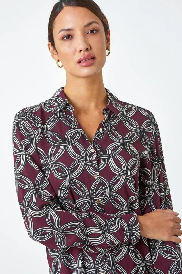 Plum Geometric Print Button Blouse Women Roman Tops