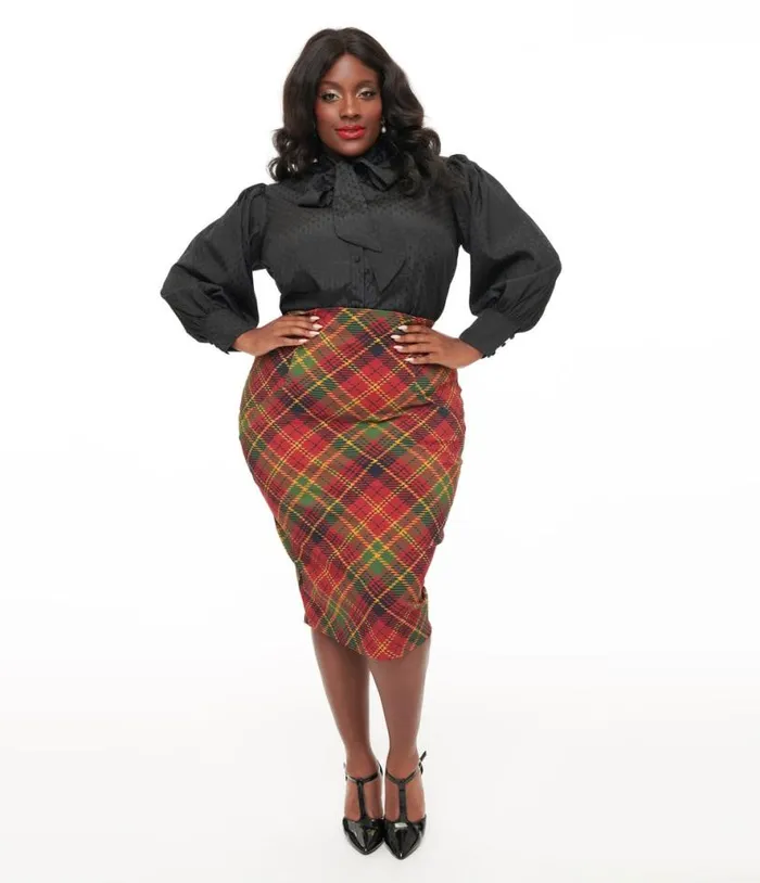 Plus Size 1950s Burnt Orange and Green Plaid Tracy Pencil Skirt ClothingPlus Unique Vintage Skirts