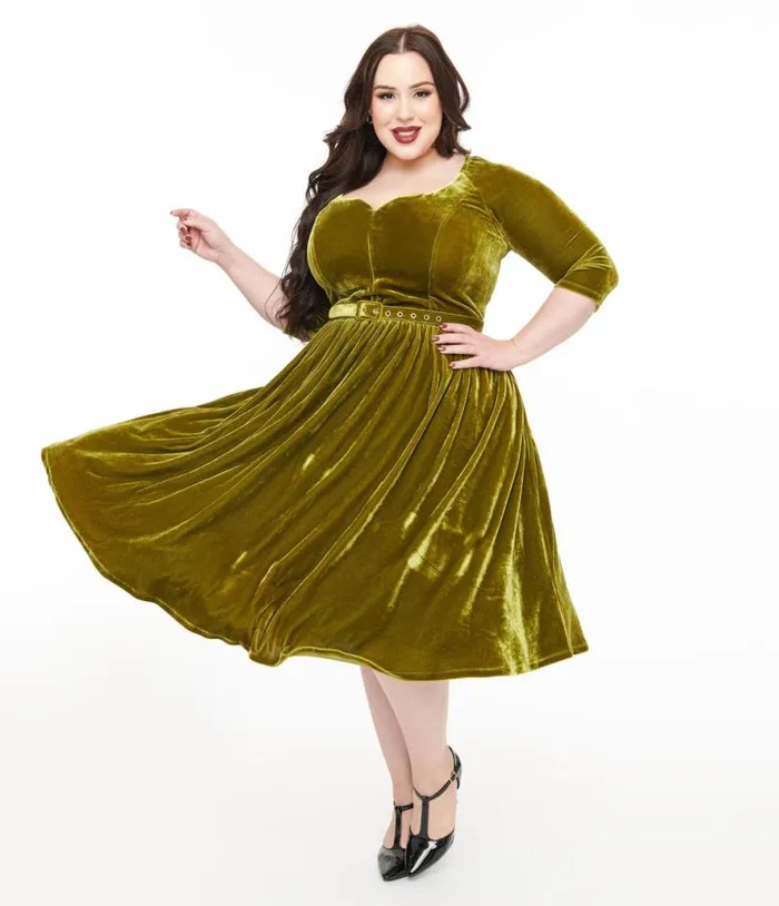 Plus Size 1950s Chartreuse Velvet Sweetheart Swing Dress DressesPlus Unique Vintage Swing Plus Size 1950s Chartreuse Velvet Sweetheart Swing Dress DressesPlus Unique Vintage Swing
