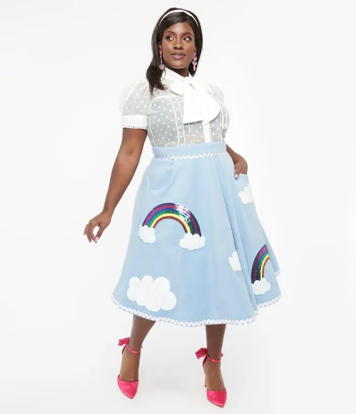 Plus Size 1950s Light Blue and Rainbow Sequin Soda Shop Swing Skirt ClothingPlus Unique Vintage Skirts Plus Size 1950s Light Blue and Rainbow Sequin Soda Shop Swing Skirt ClothingPlus Unique Vintage Skirts