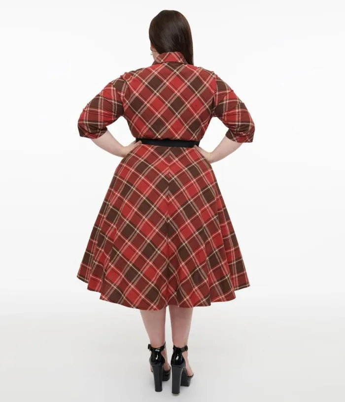 Plus Size 1950s Red and Brown Bias Plaid Swing Dress DressesPlus Unique Vintage Pocket Dresses