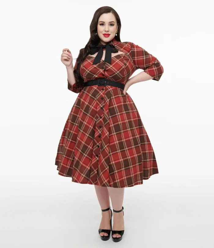 Plus Size 1950s Red and Brown Bias Plaid Swing Dress DressesPlus Unique Vintage Pocket Dresses