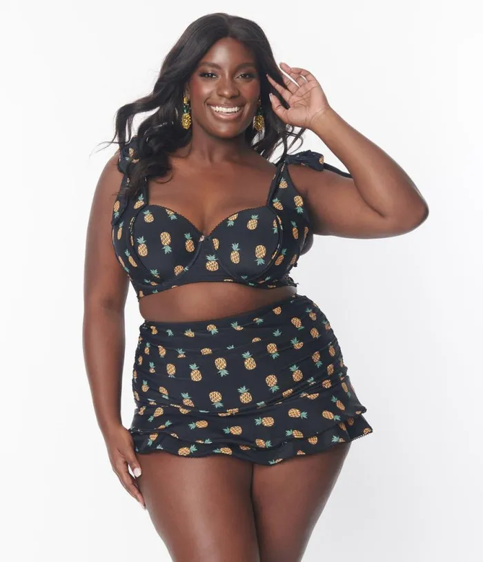 Plus Size Black and Pineapple Print Totally Tied Up Swim Top Plus Unique Vintage Two Piece Swim