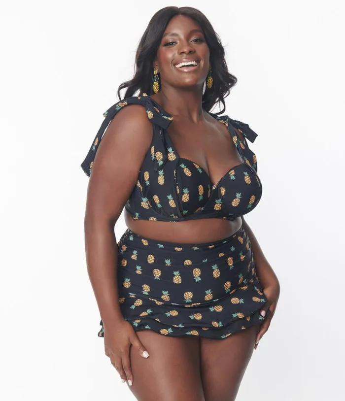 Plus Size Black and Pineapple Print Totally Tied Up Swim Top Plus Unique Vintage Two Piece Swim