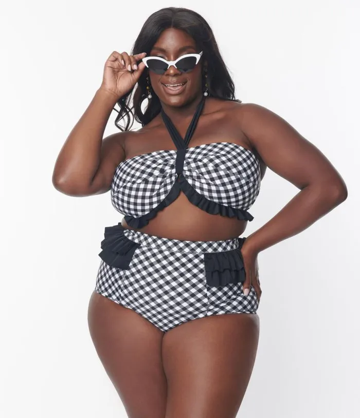 Plus Size Black and White Gingham Ruffle Swim Bottom Plus Unique Vintage Two Piece Swim