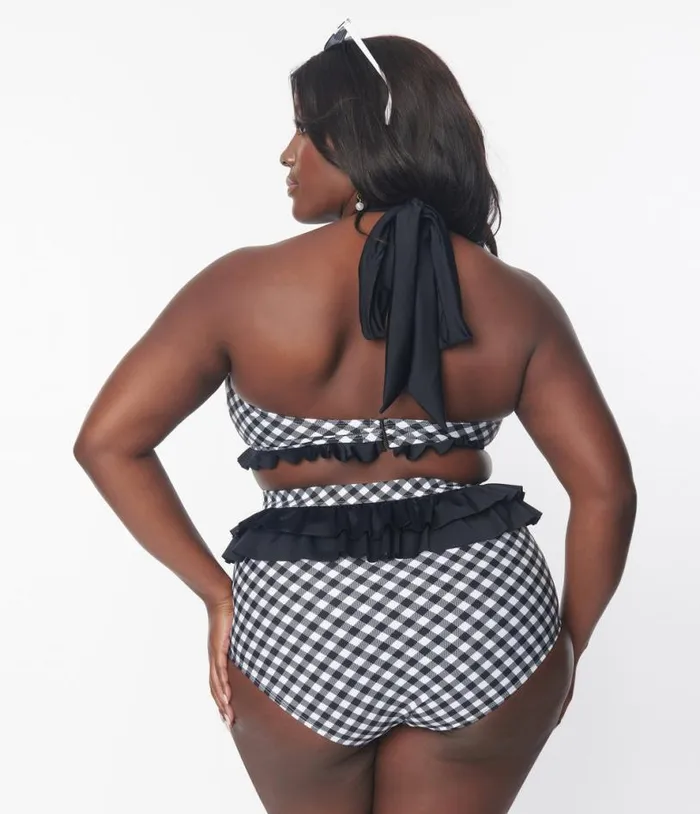 Plus Size Black and White Gingham Ruffle Swim Bottom Plus Unique Vintage Two Piece Swim