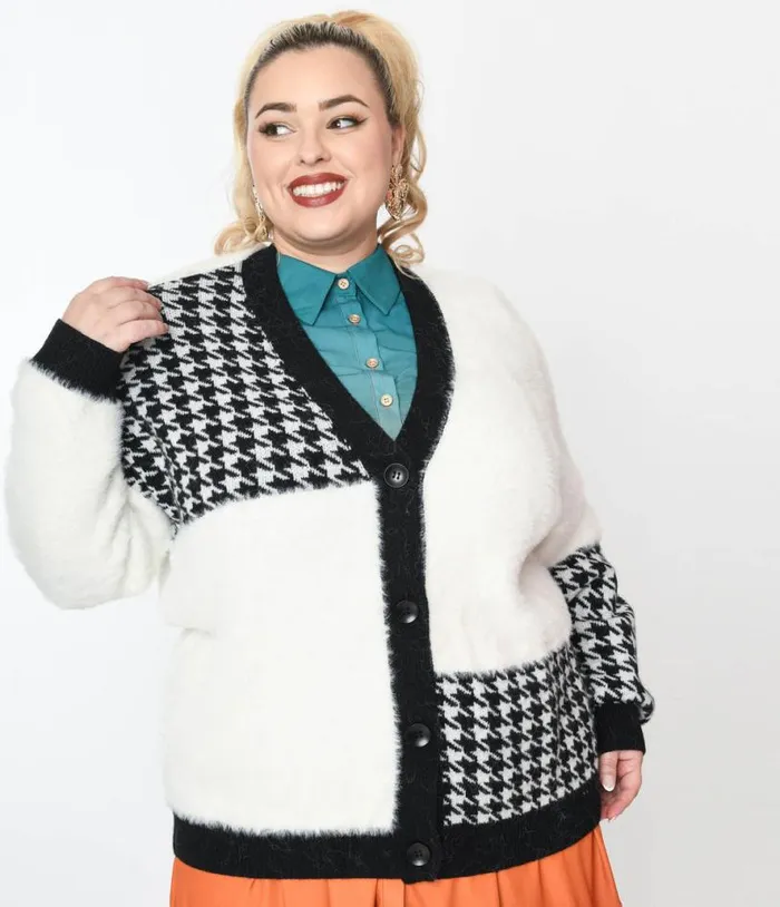Plus Size Black Houndstooth and White Color Block Fuzzy Cardigan Clothing Unique Vintage Sweaters and Cardigans