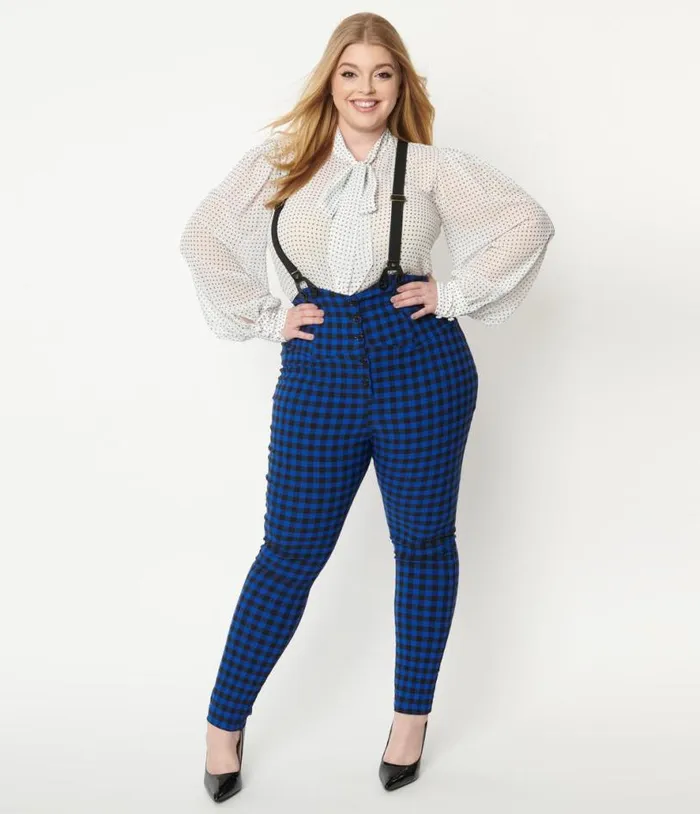 Plus Size Blue Gingham Moorehead Skinny Suspender Pants ClothingPlus Unique Vintage Pants