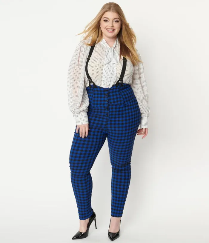 Plus Size Blue Gingham Moorehead Skinny Suspender Pants ClothingPlus Unique Vintage Pants