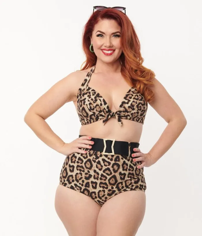 Plus Size Leopard Print High Waist Belted Swim Bottom Plus Unique Vintage Two Piece Swim