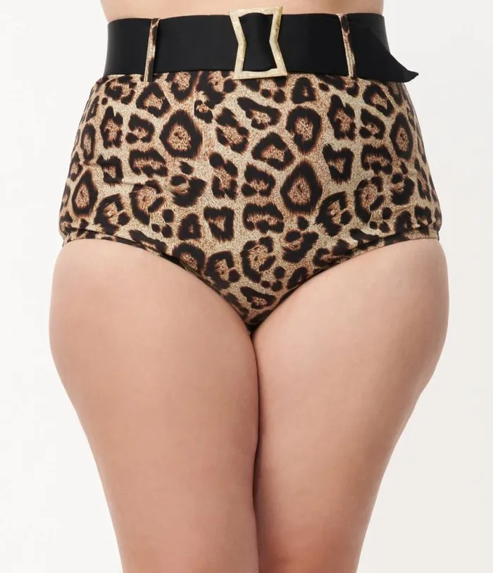 Plus Size Leopard Print High Waist Belted Swim Bottom Plus Unique Vintage Two Piece Swim