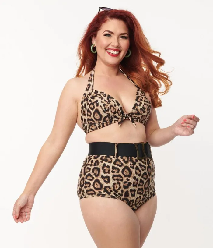 Plus Size Leopard Print High Waist Belted Swim Bottom Plus Unique Vintage Two Piece Swim